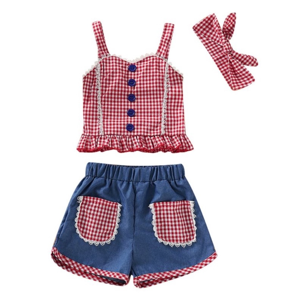 3pc Red Checked Set With Headband